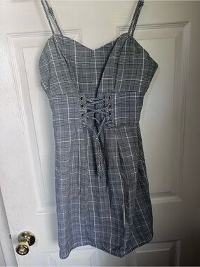 wild fable Black & White Plaid Lace-Up Mini Dress
